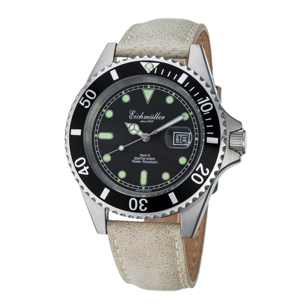 Eichmuller German Diver Men\'s Watch Leather Strap 20 ATM Black Dial 43mm 3462-02