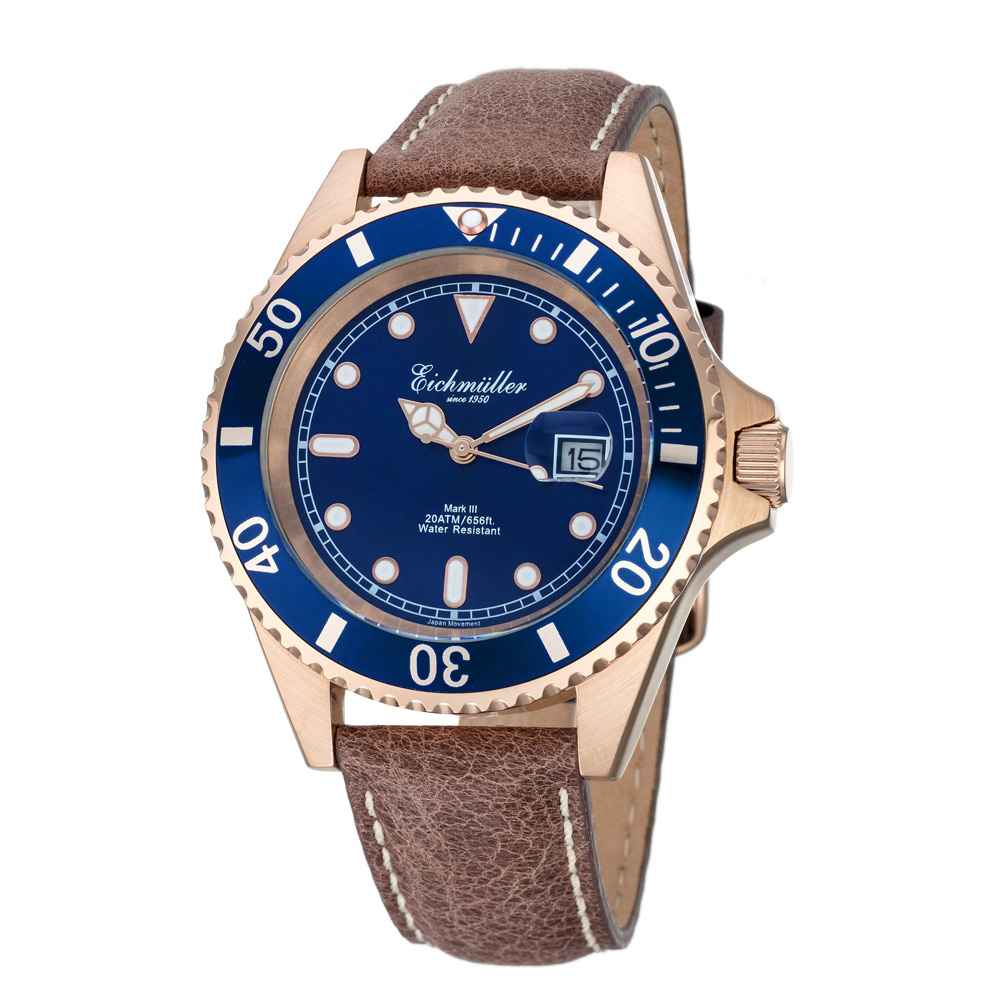 Eichmuller German Diver Men\'s Watch Leather Strap 20 ATM Blue Dial 43mm 3462-03