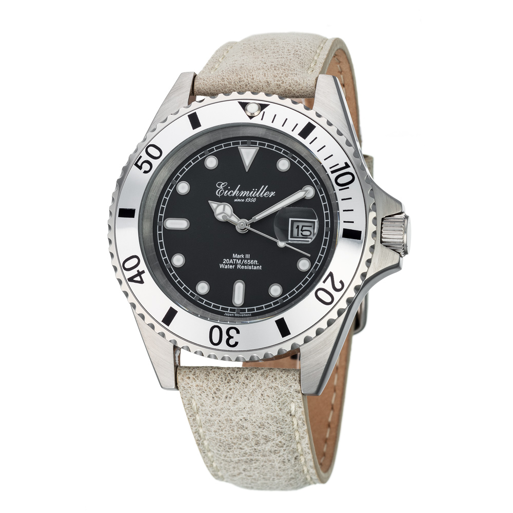 Eichmuller German Diver Men\'s Watch Leather Strap 20 ATM Black Dial 43mm 3462-06