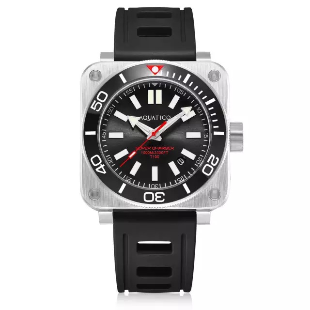 Aquatico Super Charger Steel Automatic Men\'s Diver Watch Black Dial/Strap 43mm