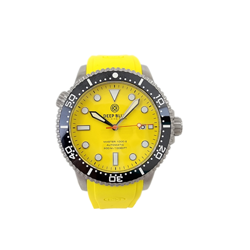 Deep Blue Master 1000 II 44mm Automatic Men's Diver Watch Black Ceramic Bezel Yellow Dial Silicone Strap