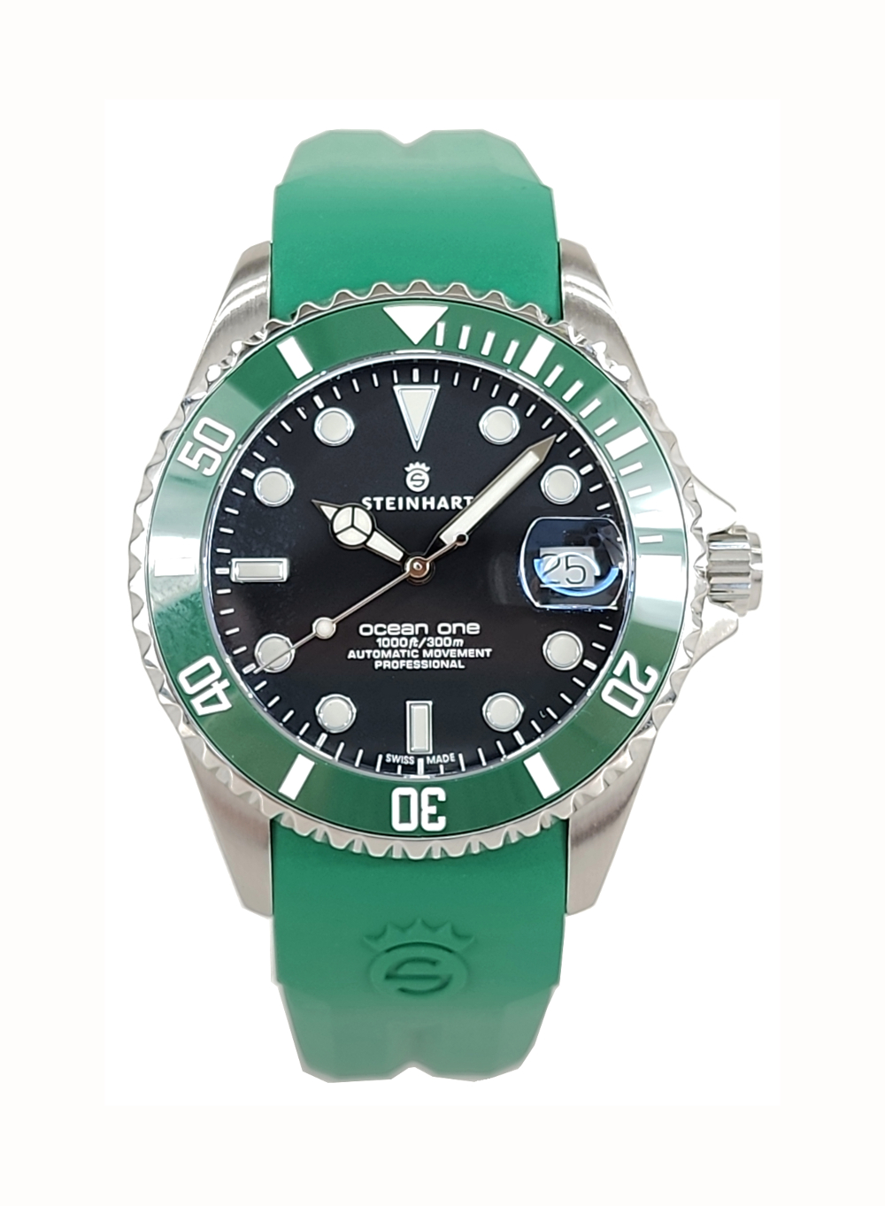 Steinhart Ocean 39 GREEN Ceramic Automatic Men\'s Diver Watch Silicone Strap Black Dial 103-1044