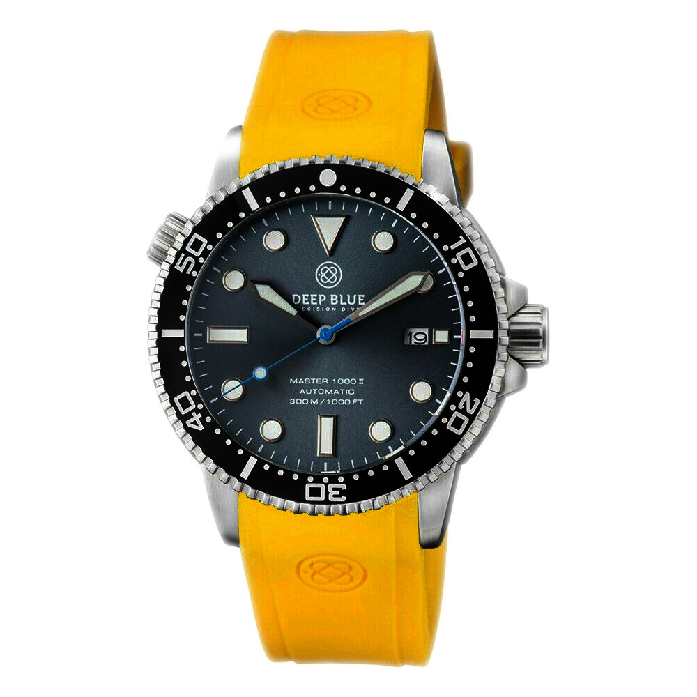 Deep Blue Master 1000 II 44mm Automatic Diver Watch Black Bezel/Slate Grey Blue Sunray Dial/Yellow Silicone Band
