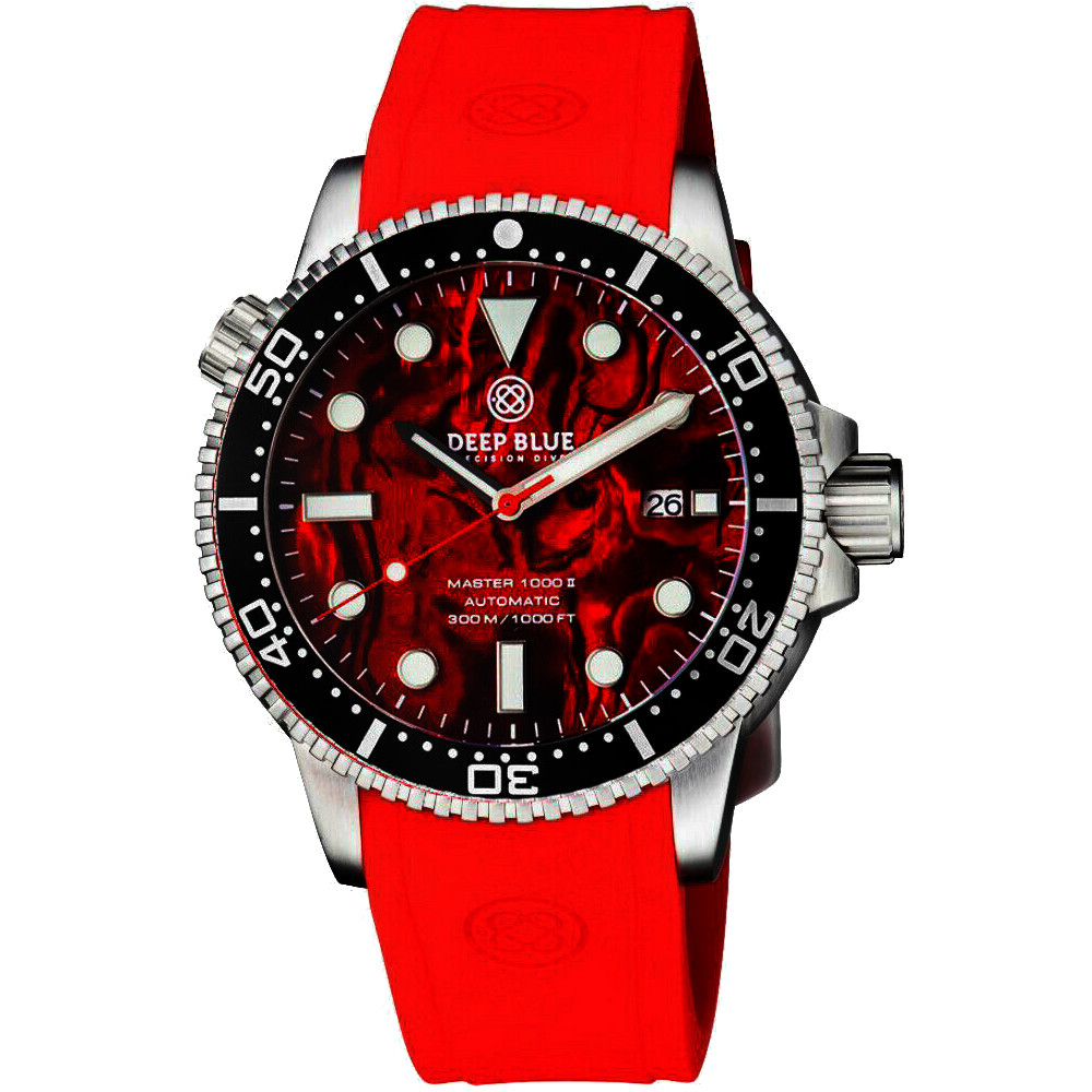 Deep Blue Master 1000 II 44mm Automatic Diver Watch Black Ceramic Bezel/Red Abalone Dial/Red Silicone Band