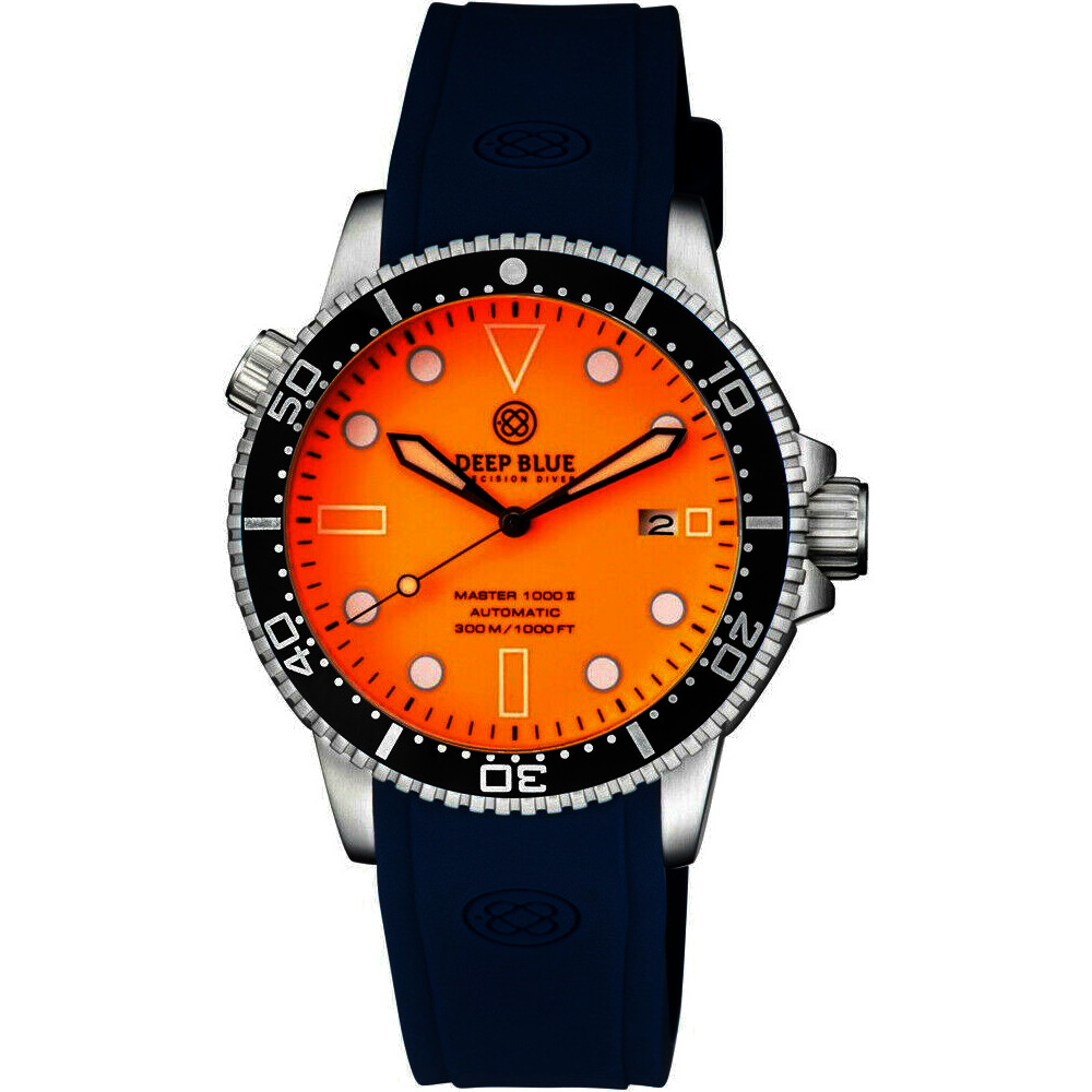 Deep Blue Master 1000 II 44mm Automatic Diver Watch Black Ceramic Bezel/Full Luminous Orange Dial/Blue Silicone Band