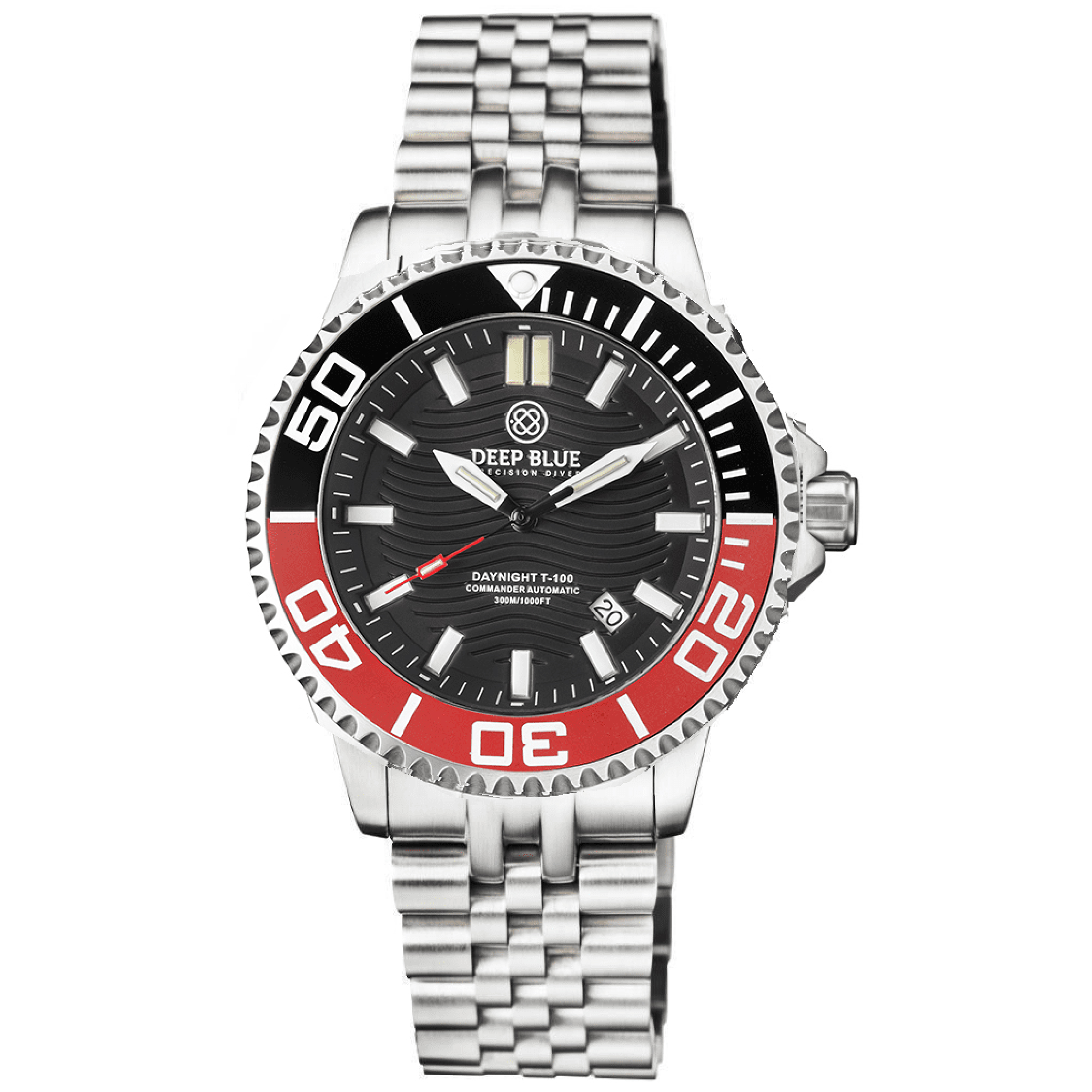 Deep Blue DayNight Commander T-100 Automatic Men\'s Diver Watch Black-Red Bezel/Black Dial