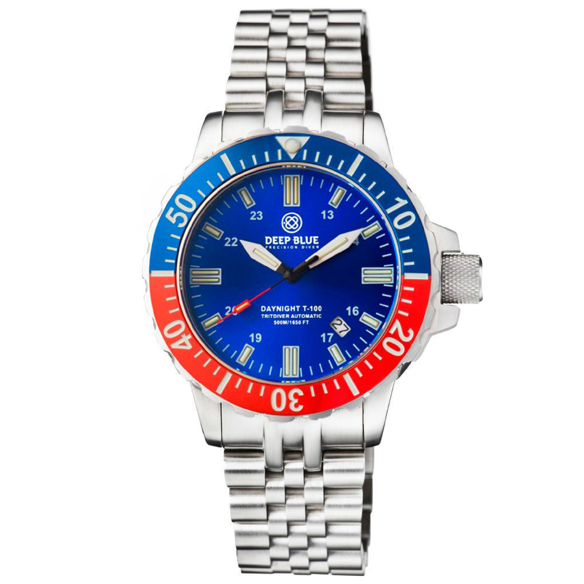 Deep Blue DayNight 41 Tritdiver T-100 Automatic Men\'s Diver Watch Blue-Red Bezel/Blue Dial