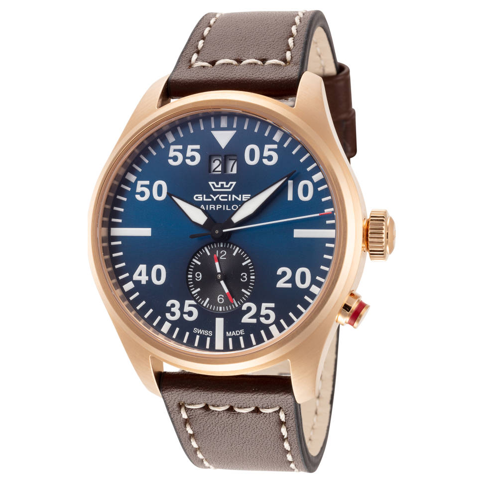 Glycine Airpilot Dual Time Chronograph Swiss Men\'s Watch Blue Dial / Leather strap GL0369