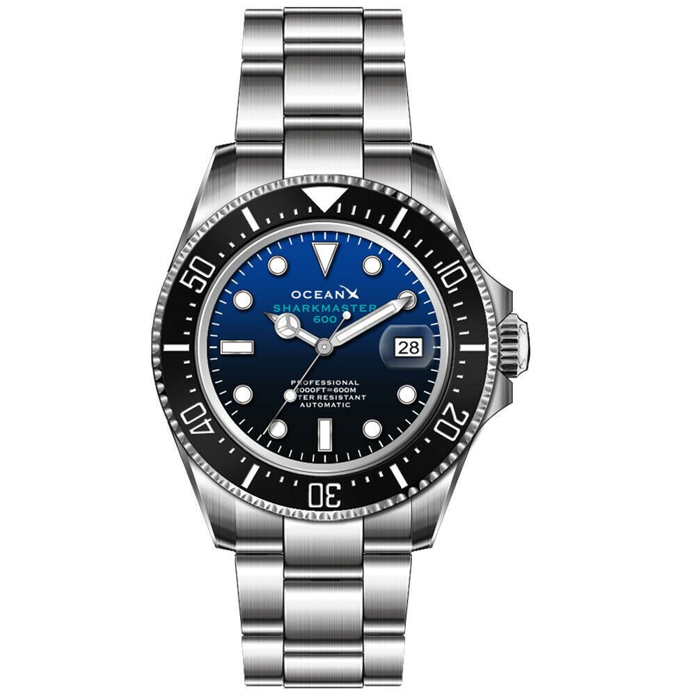 OceanX Sharkmaster 600 Automatic Men\'s Diver Watch 44mm Blue Dial SMS600-12
