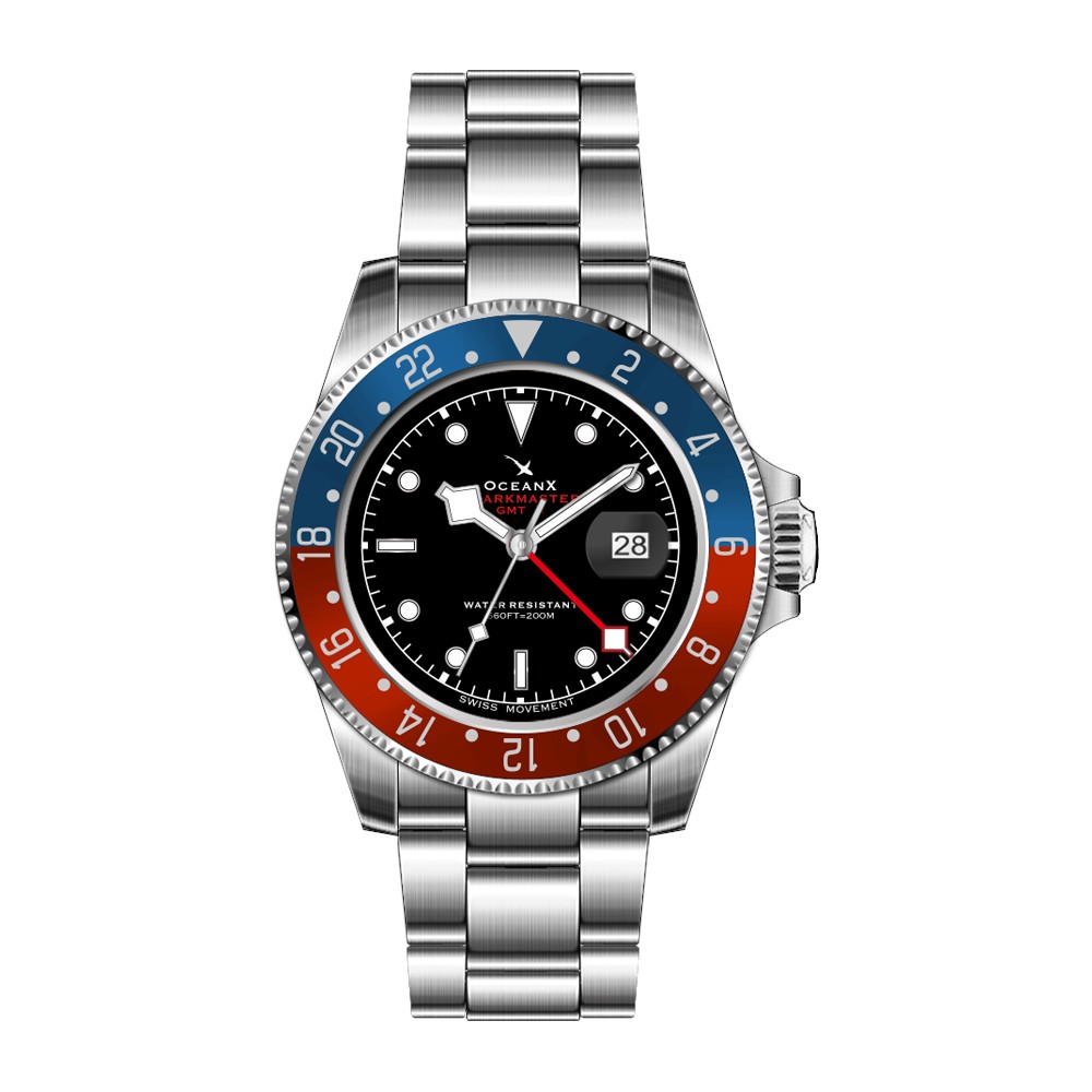 OceanX Sharkmaster GMT II 40mm Quartz Men\'s Diver Watch Black Pepsi SMS-GMT-0221
