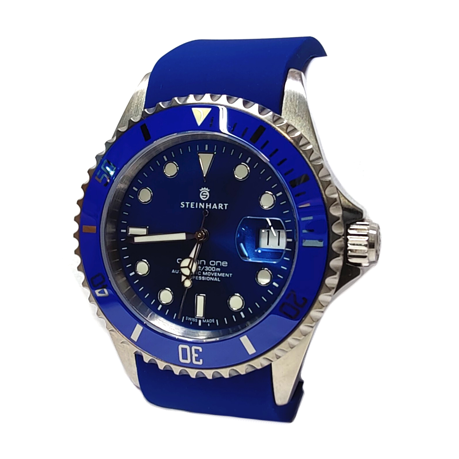 Steinhart OCEAN ONE Premium Men\'s Automatic Diver Watch 42mm 1000ft/300m Blue Silicone Strap 106-0458