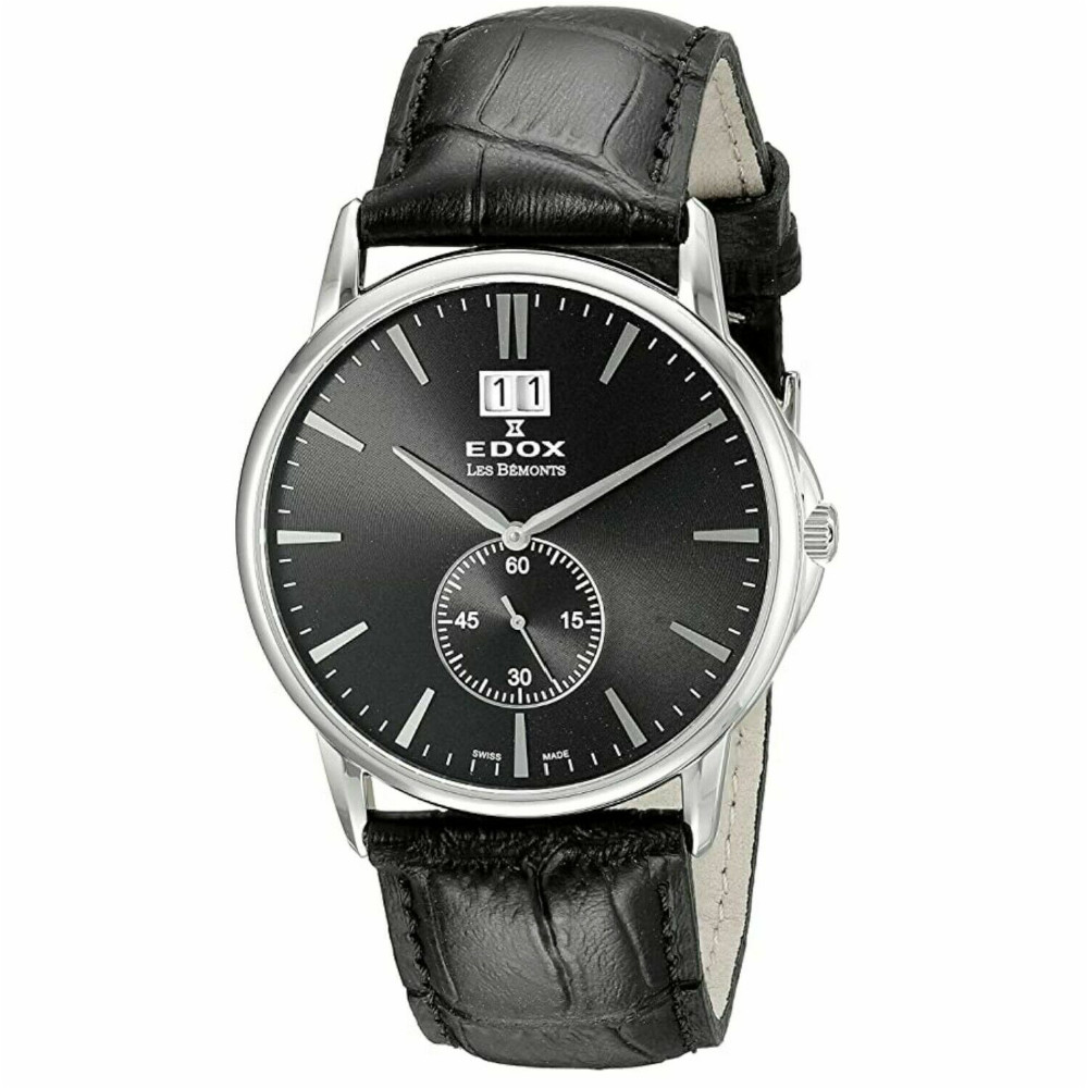 Edox Les Bemonts Black Luxury Swiss Men\'s Dress Watch 64012-3-NIN Leather Strap