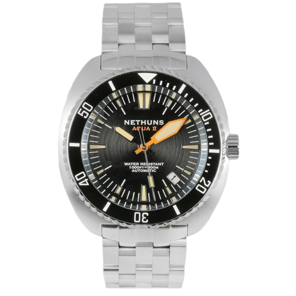 Nethuns Aqua II Steel Automatic Men\'s Diver Watch 44mm Black Dial A2S321