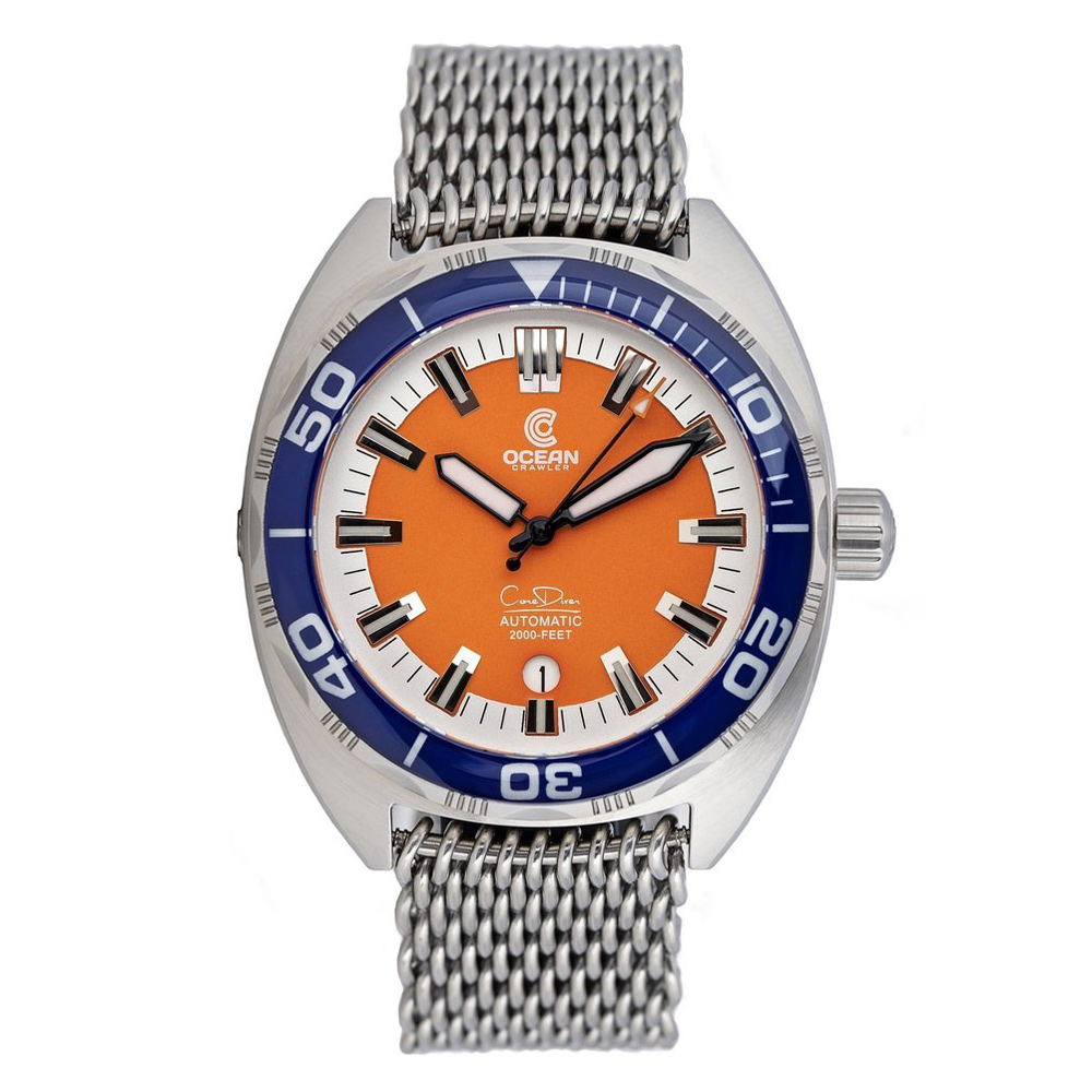 Ocean Crawler Core Automatic Diver Men\'s Watch 44mm Blue Bezel/Orange Dial