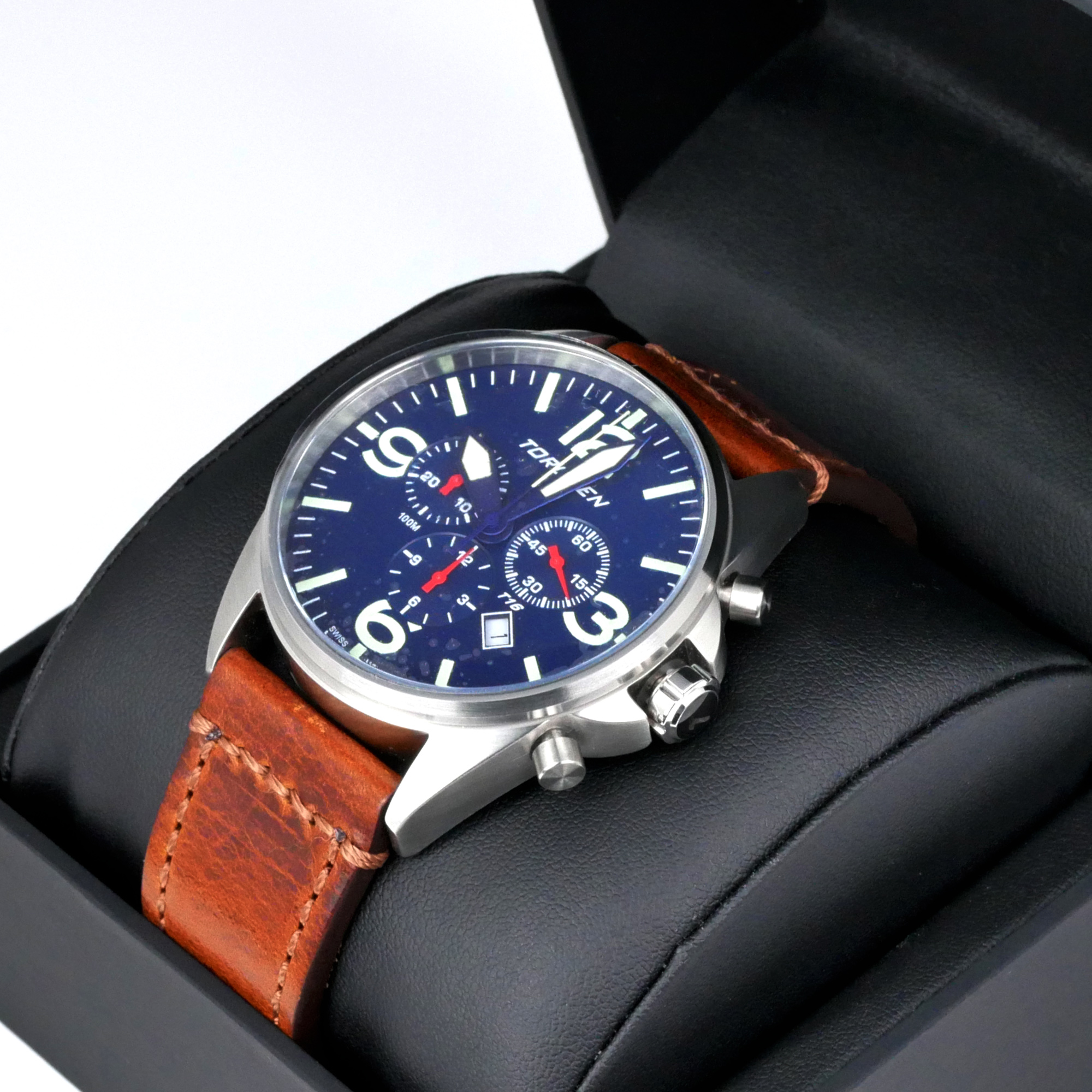 Torgoen T16 Pilot Men's Watch Blue Dial Vintage Leather Strap