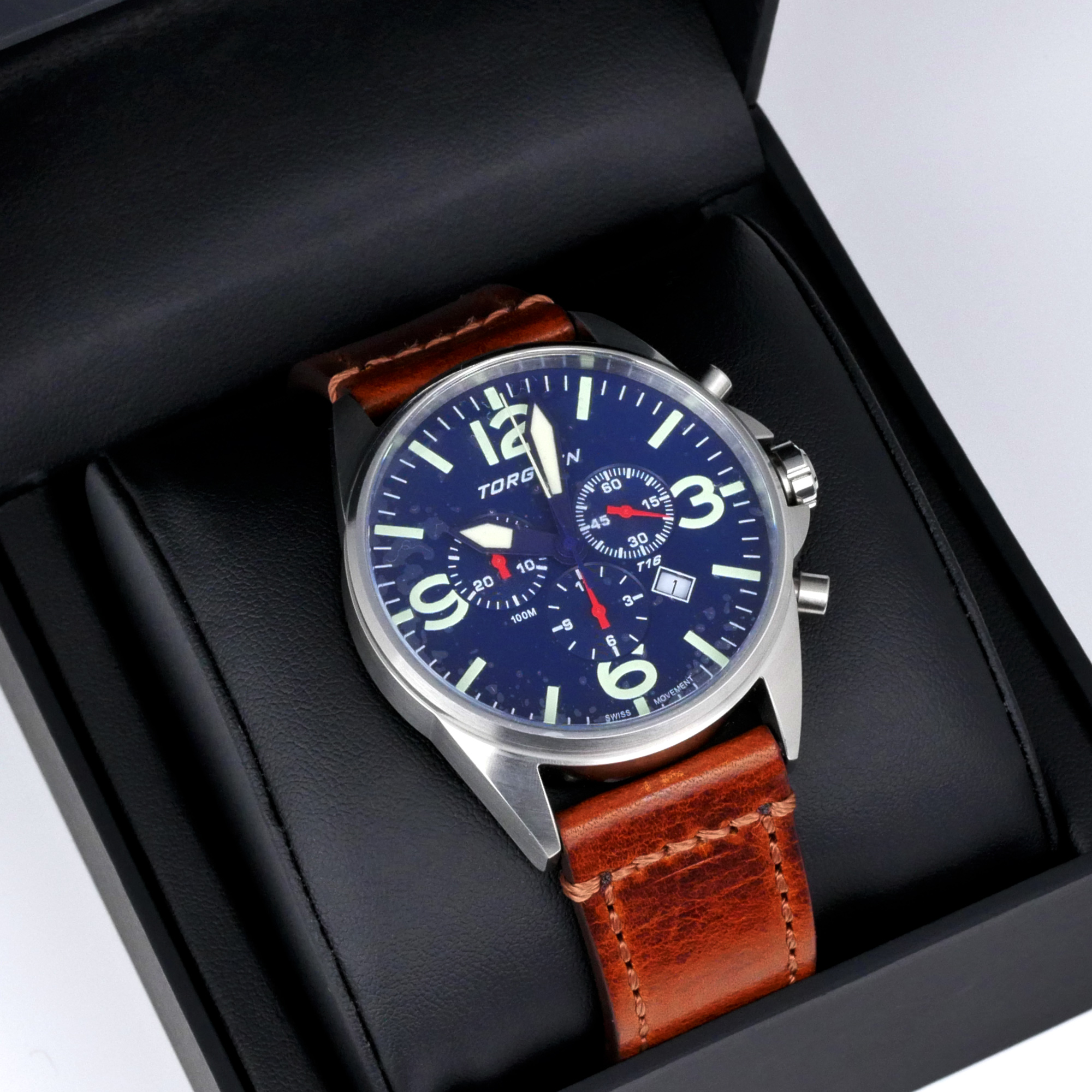 Torgoen T16 Pilot Men's Watch Blue Dial Vintage Leather Strap