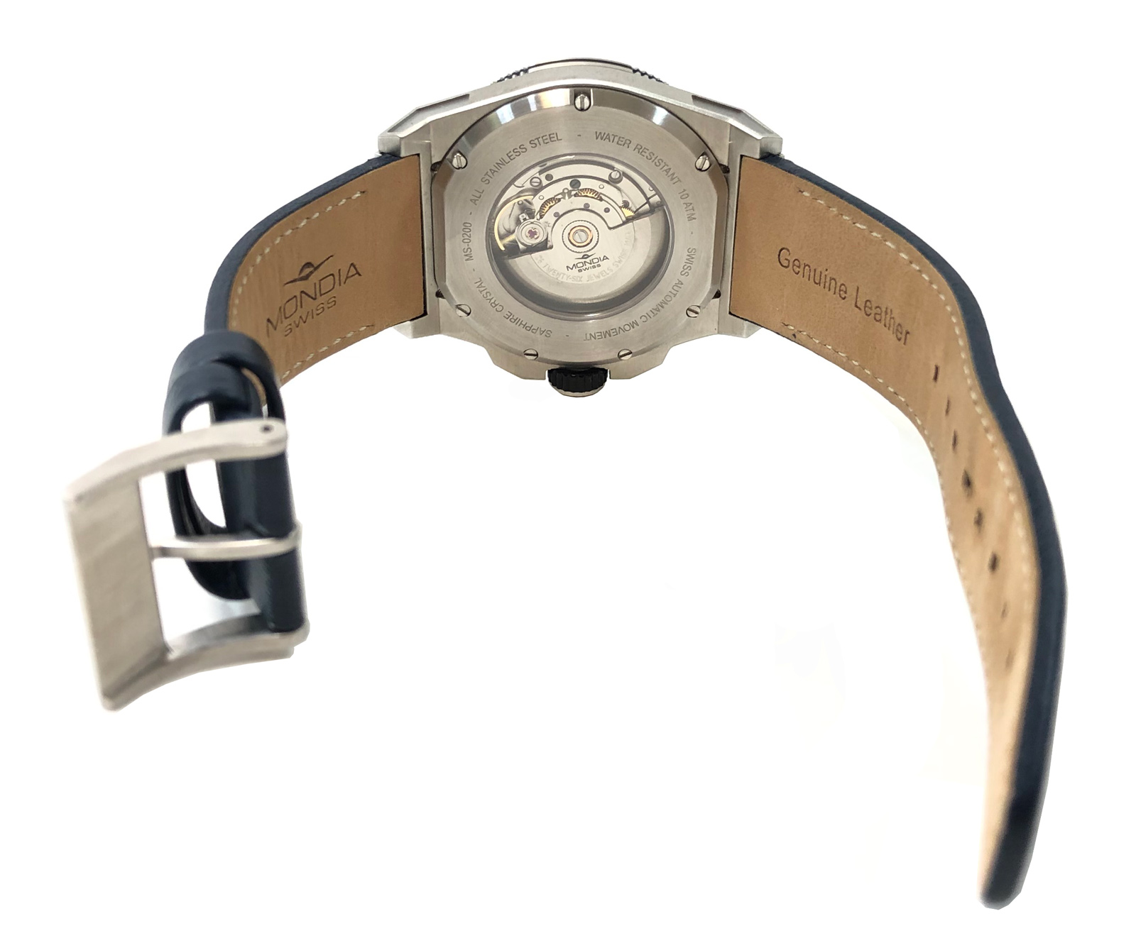 Mondia Swiss Master Automatic Men's Watch ETA-2824 10ATM Black Bezel Blue Leather Strap MS-200-SS-04BL-CP Italy