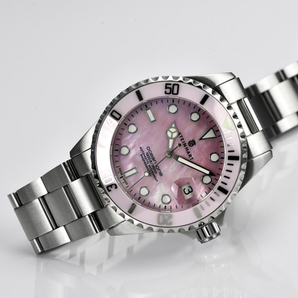 Steinhart Ocean One 39 Ladies Pink Pearl Ceramic Women's Diver Watch 39mm 103-0723