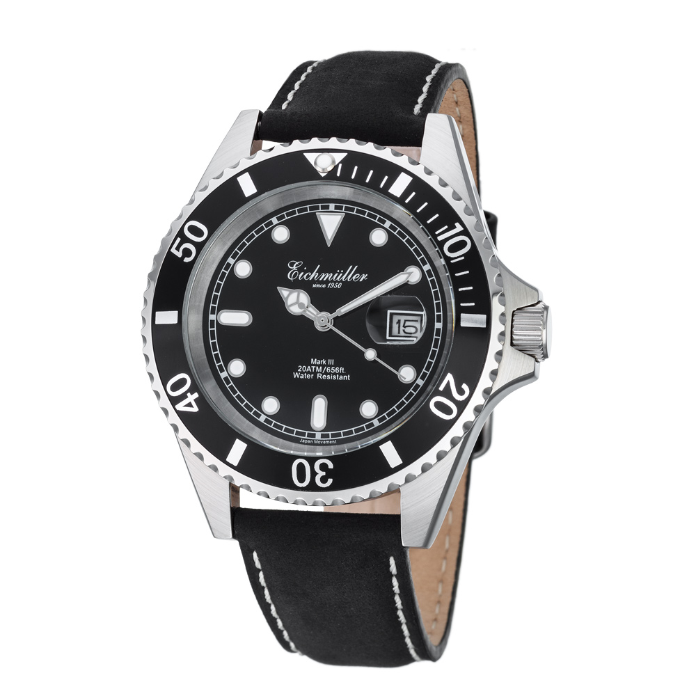 Eichmuller German Diver Men's Watch Leather Strap 20 ATM Black Dial 43mm 3462-01