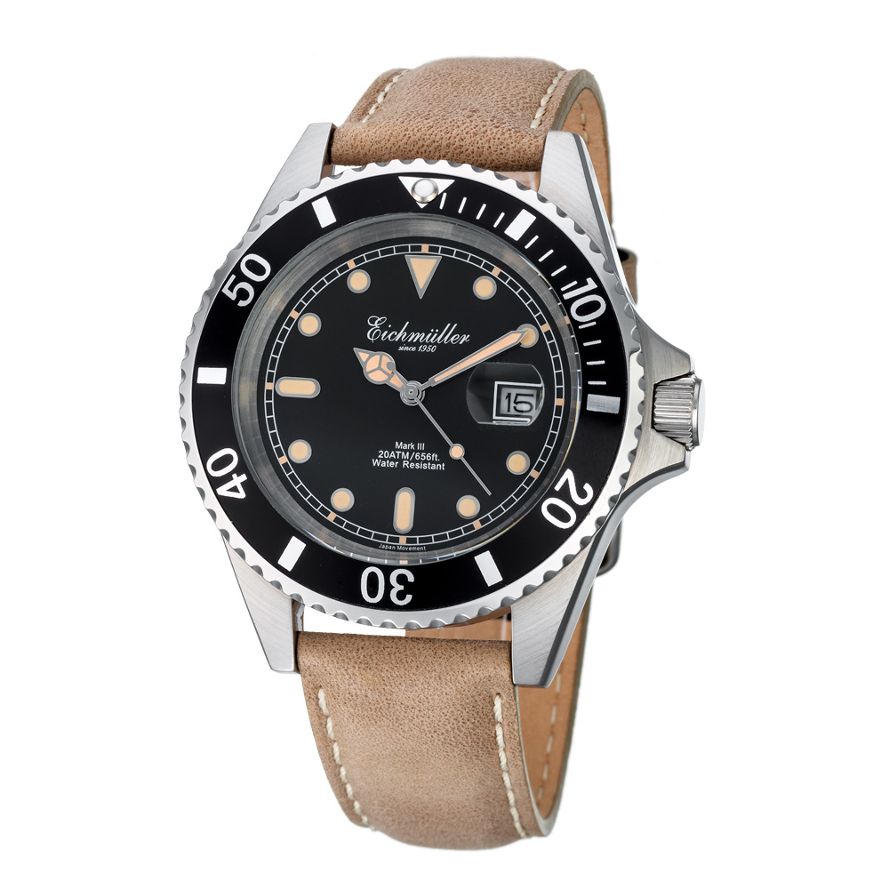 Eichmuller German Diver Men's Watch Leather Strap 20 ATM Black Dial 43mm 3462-05