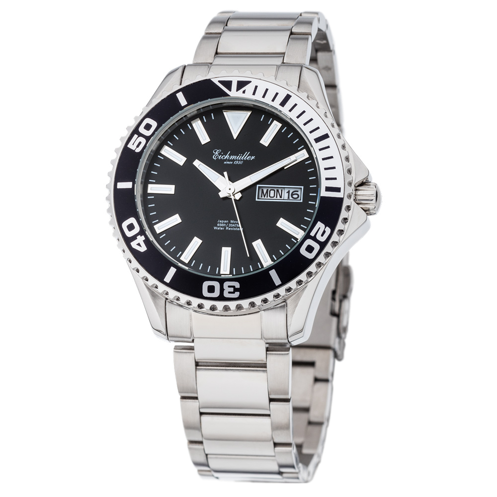 Eichmuller German Diver Men's Watch Stainless Steel Strap 20 ATM Black/White Dial 41mm 3470-02