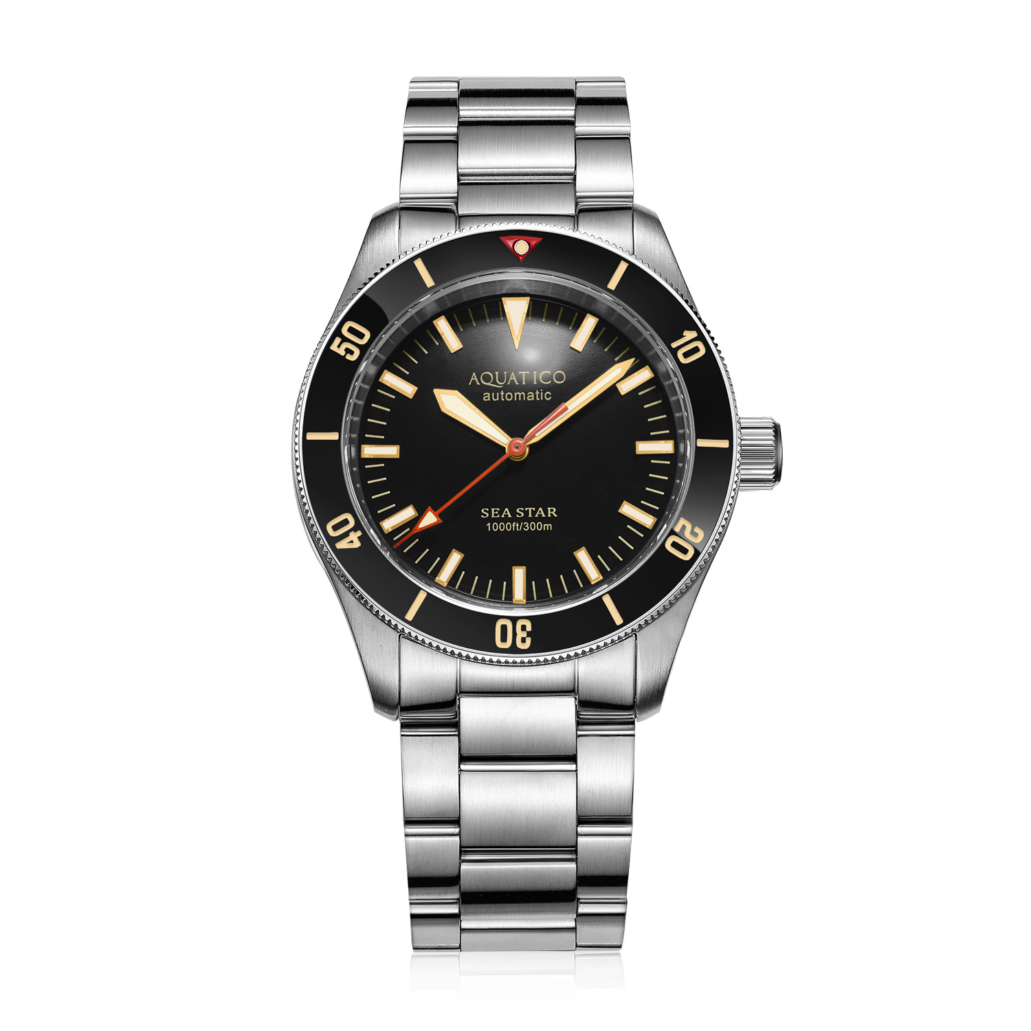 Aquatico Sea Star V2 42mm Automatic Men\'s Diver Watch Black Dial/Black Bezel/Vintage Hands