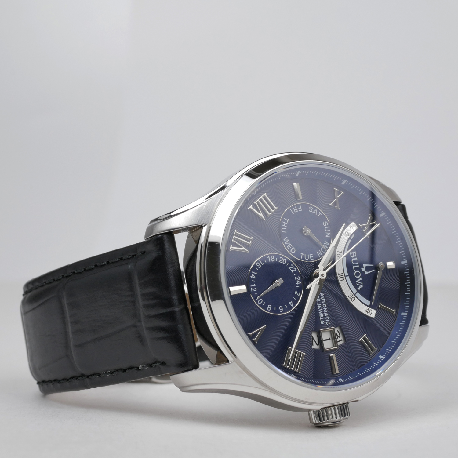 Bulova Classic Wilton Automatic Men's Watch Black Leather Strap / Blue Dial 96C142