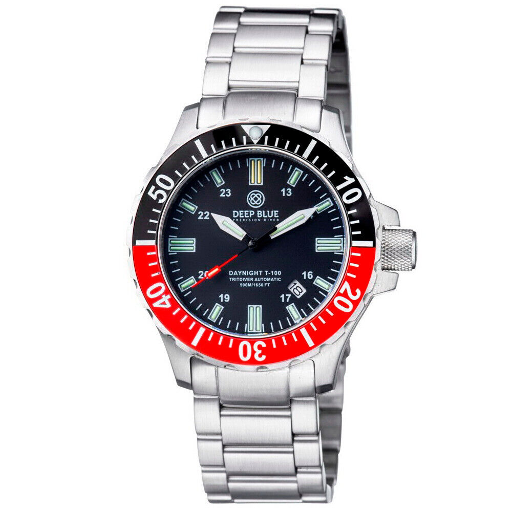 Deep Blue DayNight 45 Tritdiver T-100 Automatic Diver Watch Black Red Bezel
