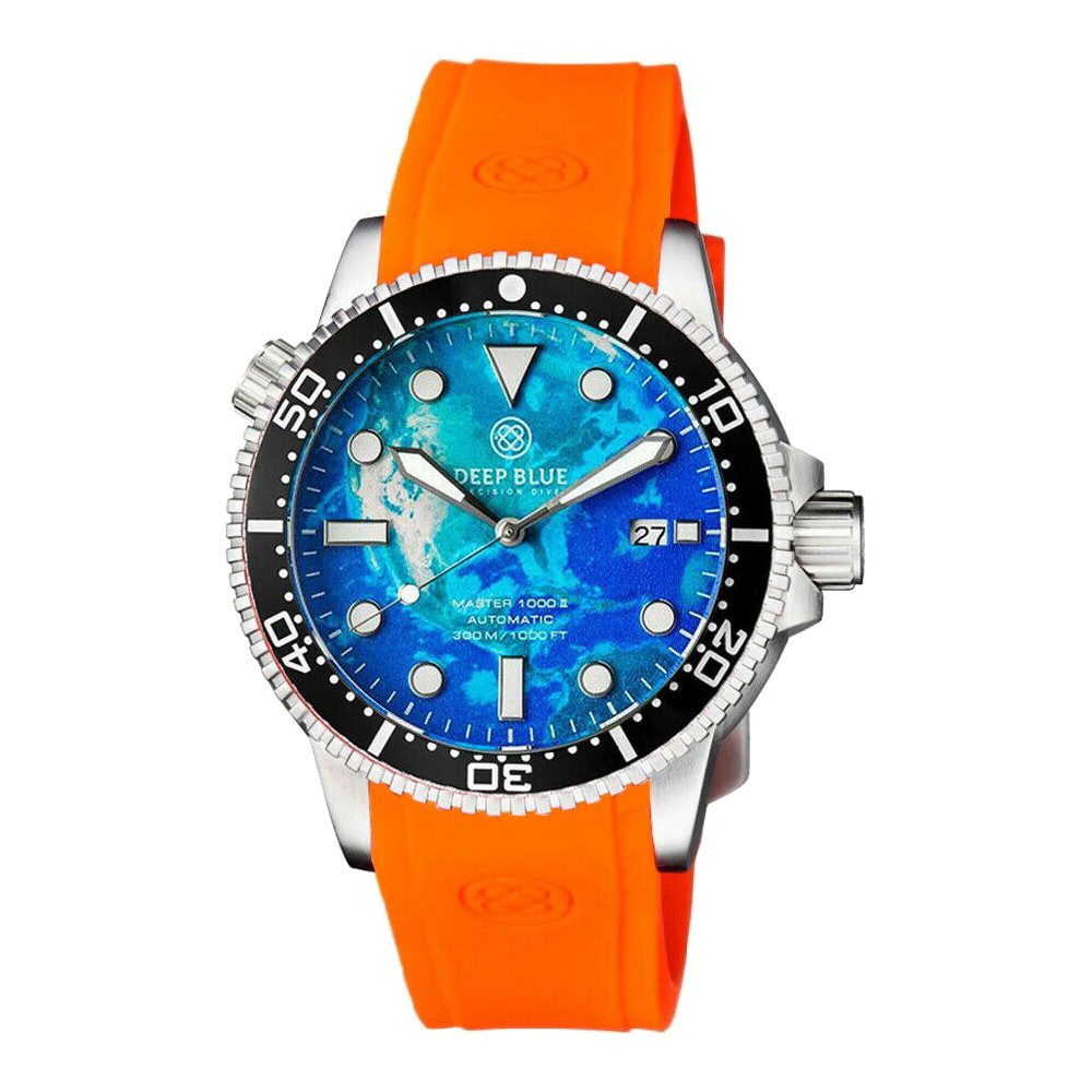 Deep Blue Master 1000 2 Automatic Diver Men Watch North America Satellite Orange Silicone Strap