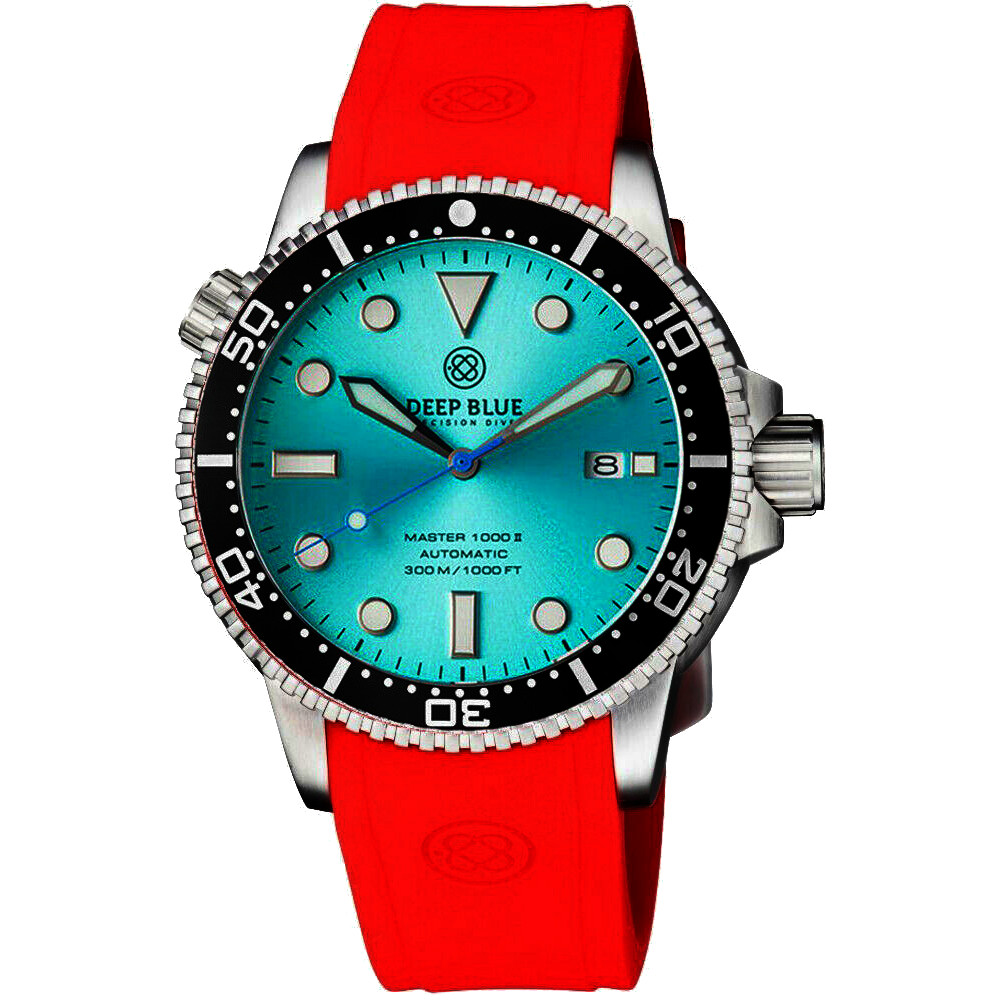 Deep Blue Master 1000 II 44mm Automatic Diver Men's Watch Black Ceramic Bezel Teal Sunray Dial - Red Silicone Strap