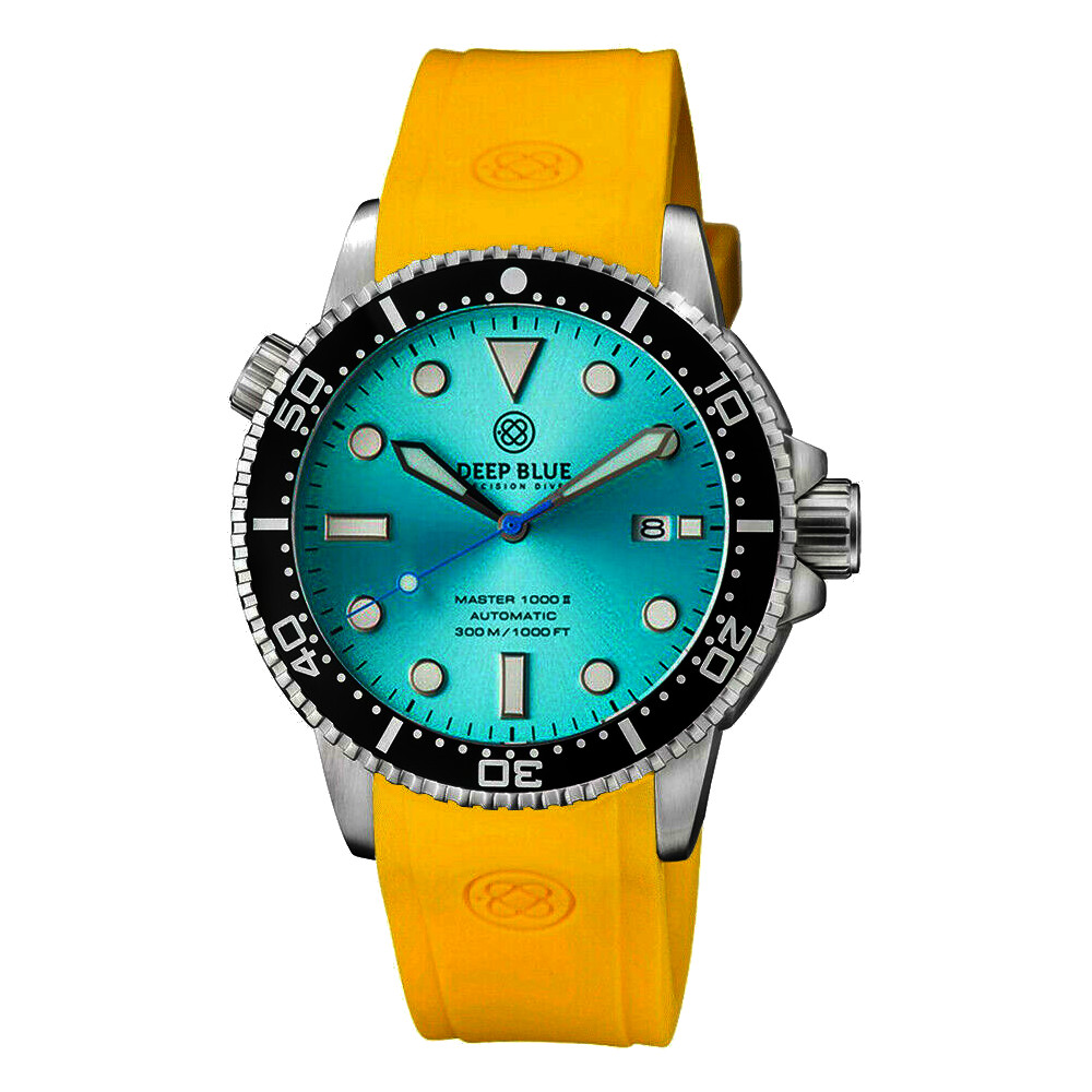 Deep Blue Master 1000 II 44mm Automatic Diver Men's Watch Black Ceramic Bezel Teal Sunray Dial - Yellow Strap