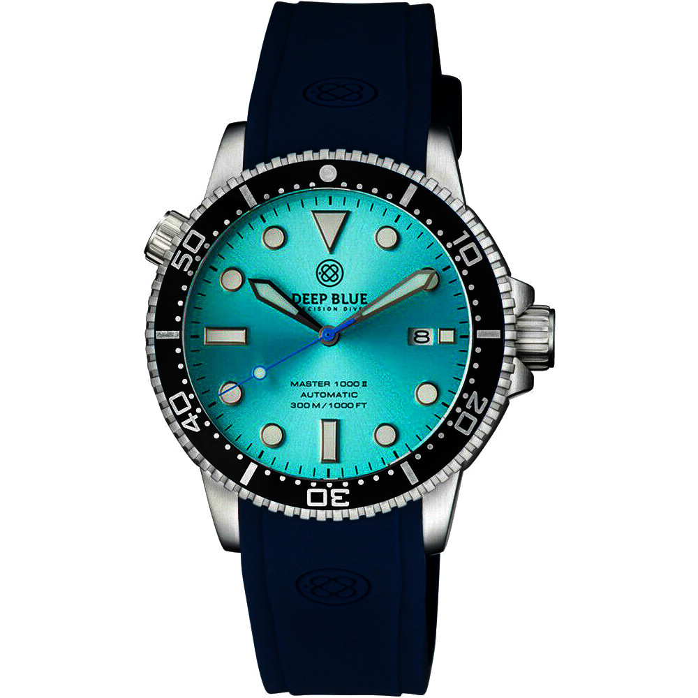 Deep Blue Master 1000 II 44mm Automatic Diver Men's Watch Black Ceramic Bezel Teal Sunray Dial - Blue Silicone Strap