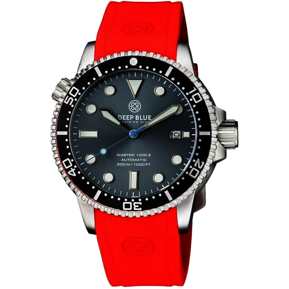 Deep Blue Master 1000 II 44mm Automatic Diver Watch Black Bezel/Slate Grey Blue Sunray Dial/Red Silicone Band