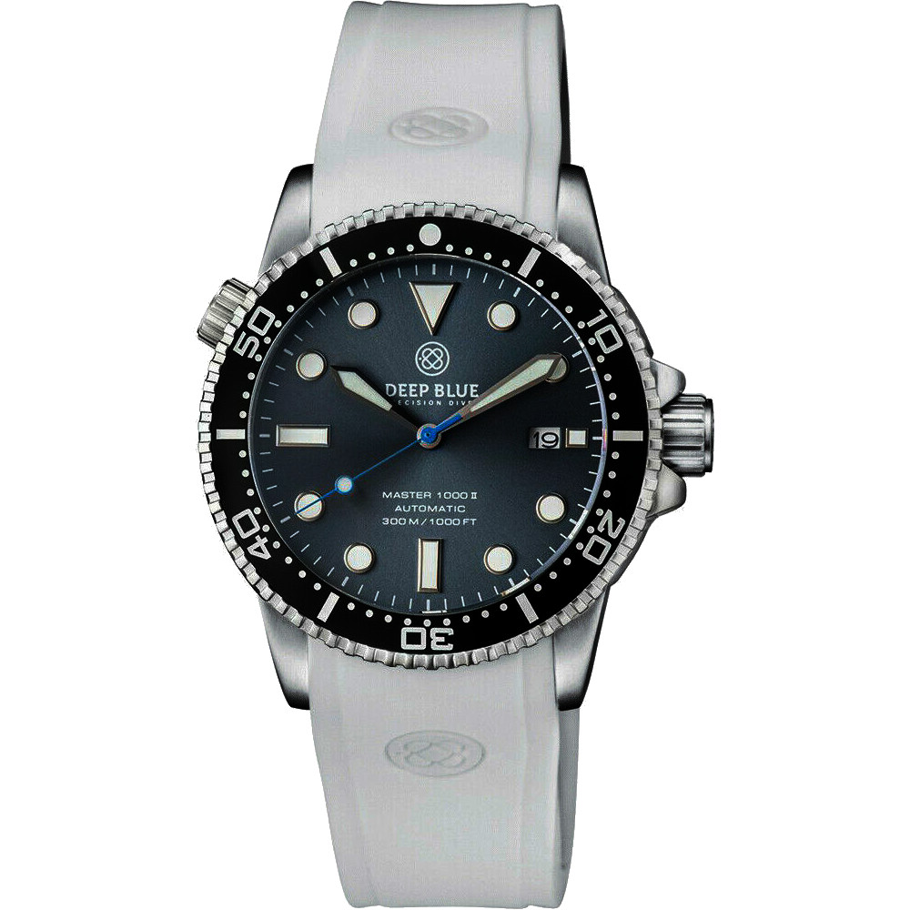 Deep Blue Master 1000 II 44mm Automatic Diver Watch Black Bezel/Slate Grey Blue Sunray Dial/White Silicone Band