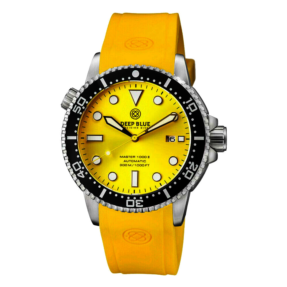 Deep Blue Master 1000 II 44mm Automatic Diver Watch Black Ceramic Bezel/Yellow Dial/Yellow Silicone Band