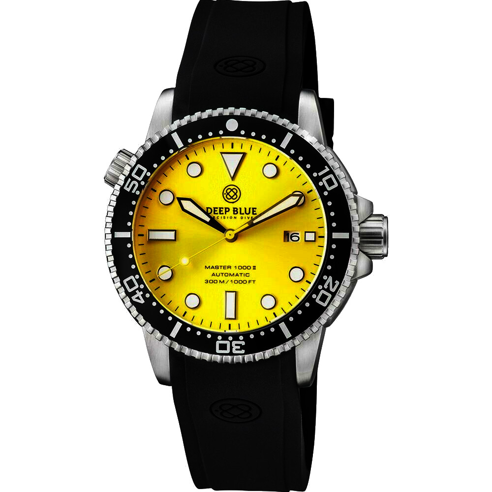 Deep Blue Master 1000 II 44mm Automatic Diver Watch Black Ceramic Bezel/Yellow Dial/Black Silicone Band
