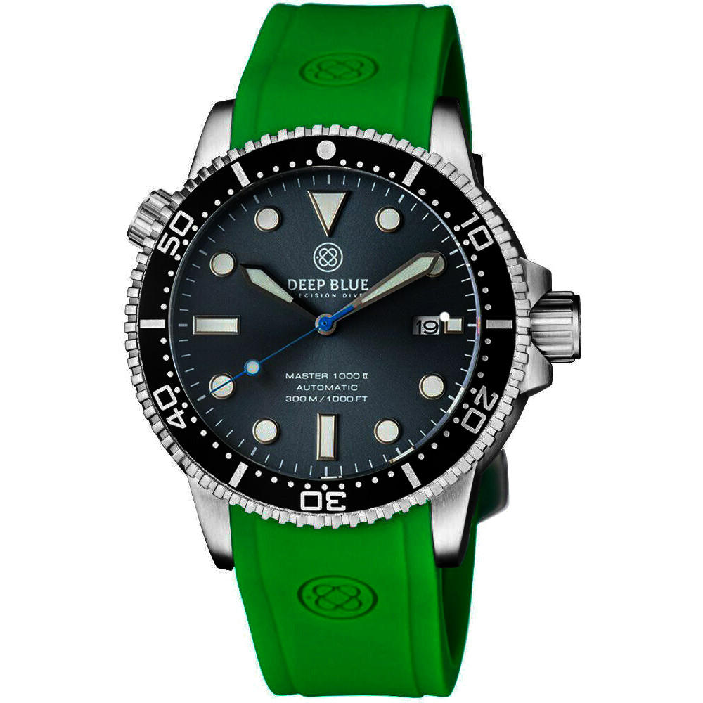 Deep Blue Master 1000 II 44mm Automatic Diver Watch Black Bezel/Slate Grey Blue Sunray Dial/Green Silicone Band