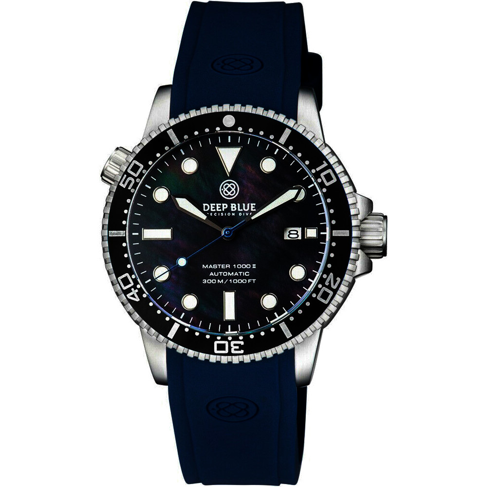 Deep Blue Master 1000 II 44mm Automatic Diver Watch Black Ceramic Bezel/Black Mother of Pearl Dial/Blue Silicone Band
