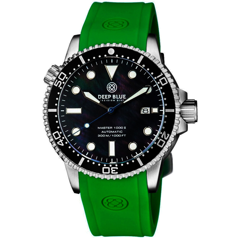 Deep Blue Master 1000 II 44mm Automatic Diver Watch Black Ceramic Bezel/Black Mother of Pearl Dial/Green Silicone Band
