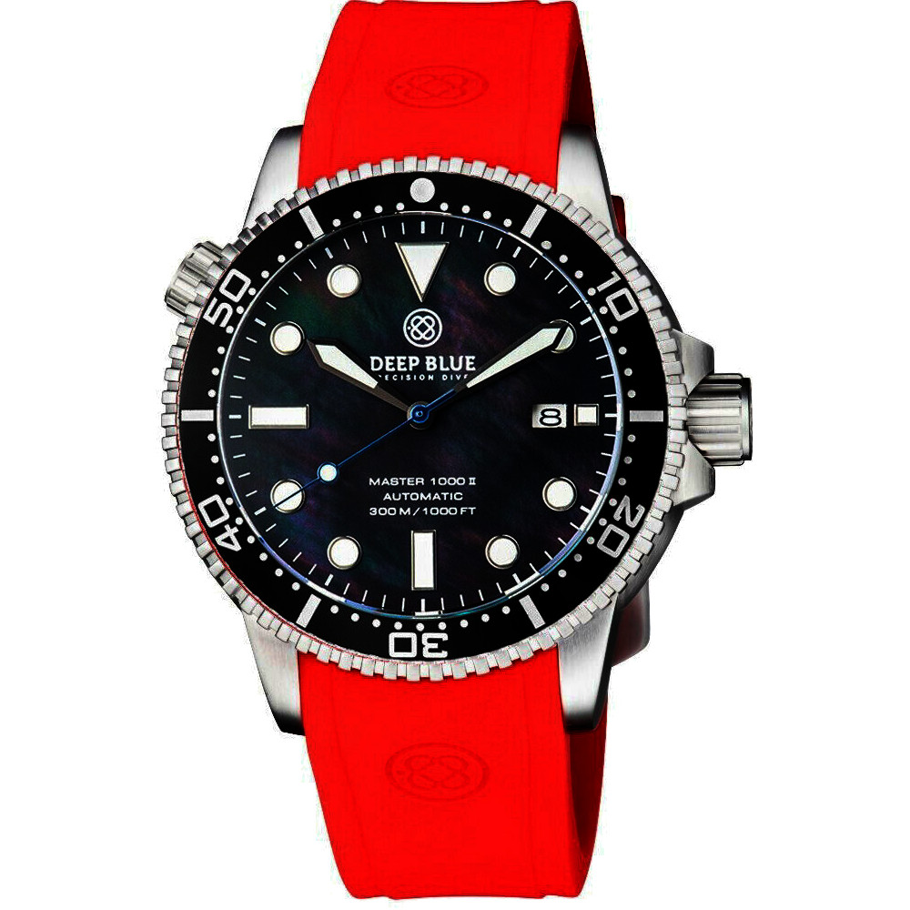 Deep Blue Master 1000 II 44mm Automatic Diver Watch Black Ceramic Bezel/Black Mother of Pearl Dial/Red Silicone Band