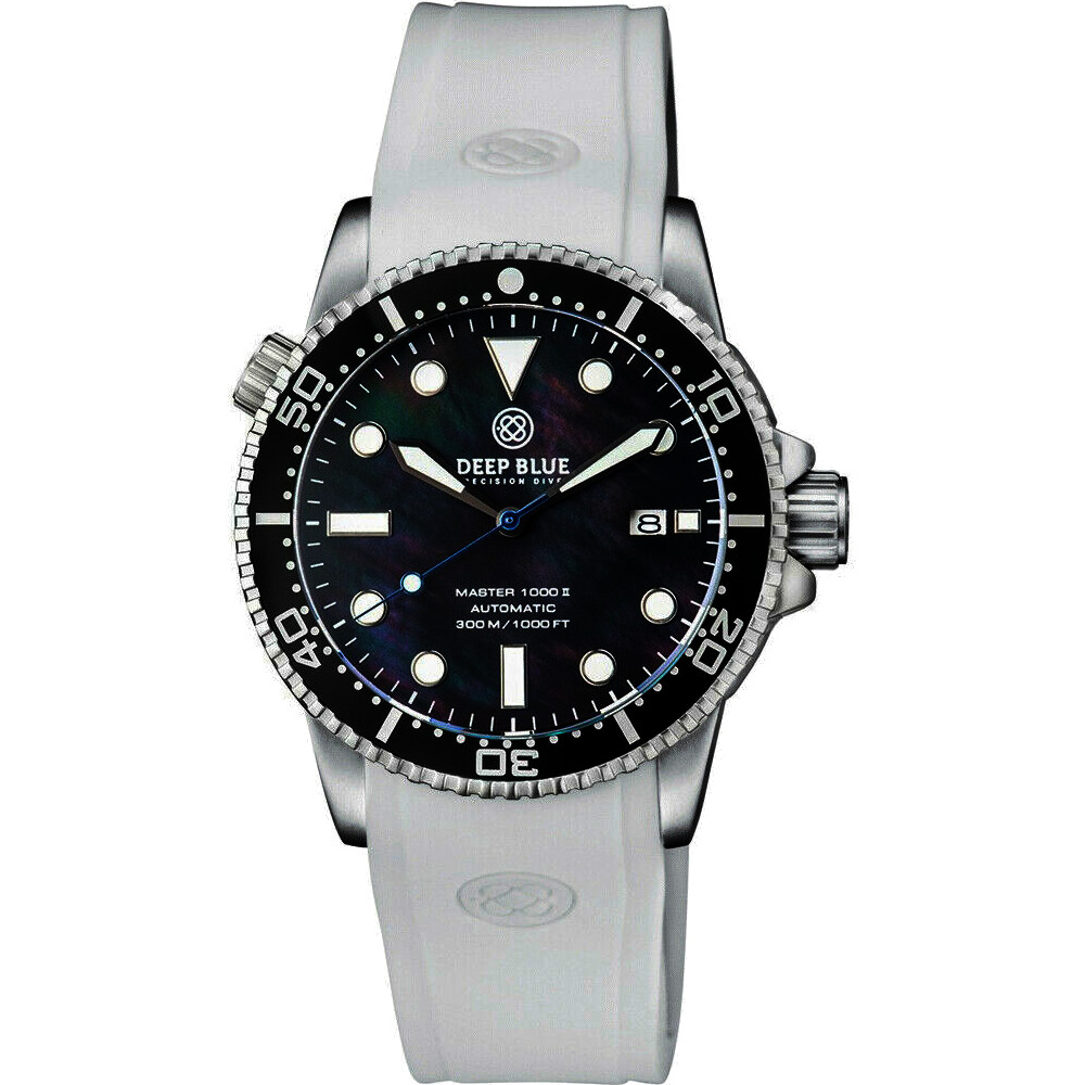 Deep Blue Master 1000 II 44mm Automatic Diver Watch Black Ceramic Bezel/Black Mother of Pearl Dial/White Silicone Band