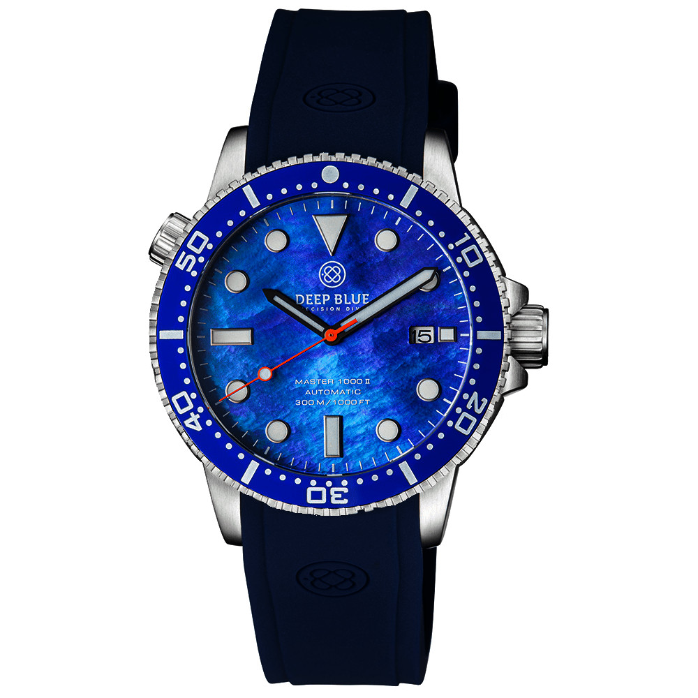 Deep Blue Master 1000 II 44mm Automatic Diver Watch Blue Ceramic Bezel/Blue Mother of Pearl Dial/Blue Silicone Band