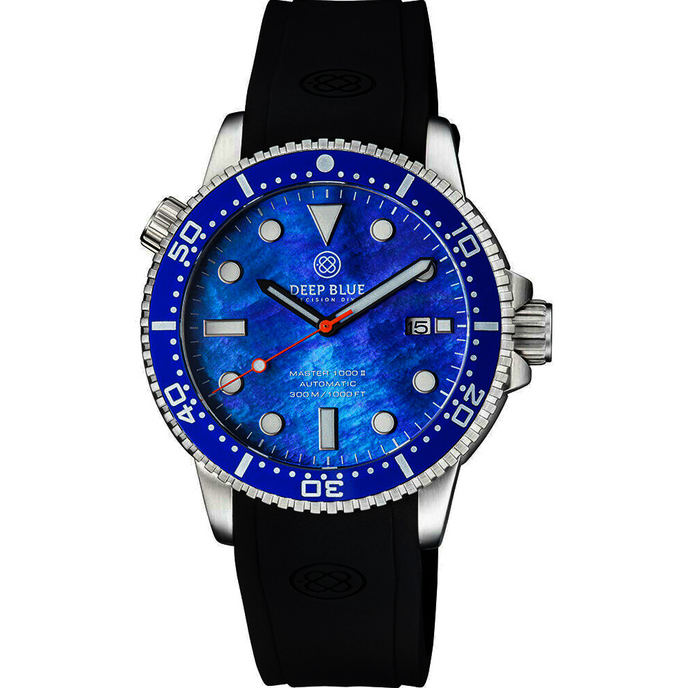 Deep Blue Master 1000 II 44mm Automatic Diver Watch Blue Ceramic Bezel/Blue Mother of Pearl Dial/Black Silicone Band