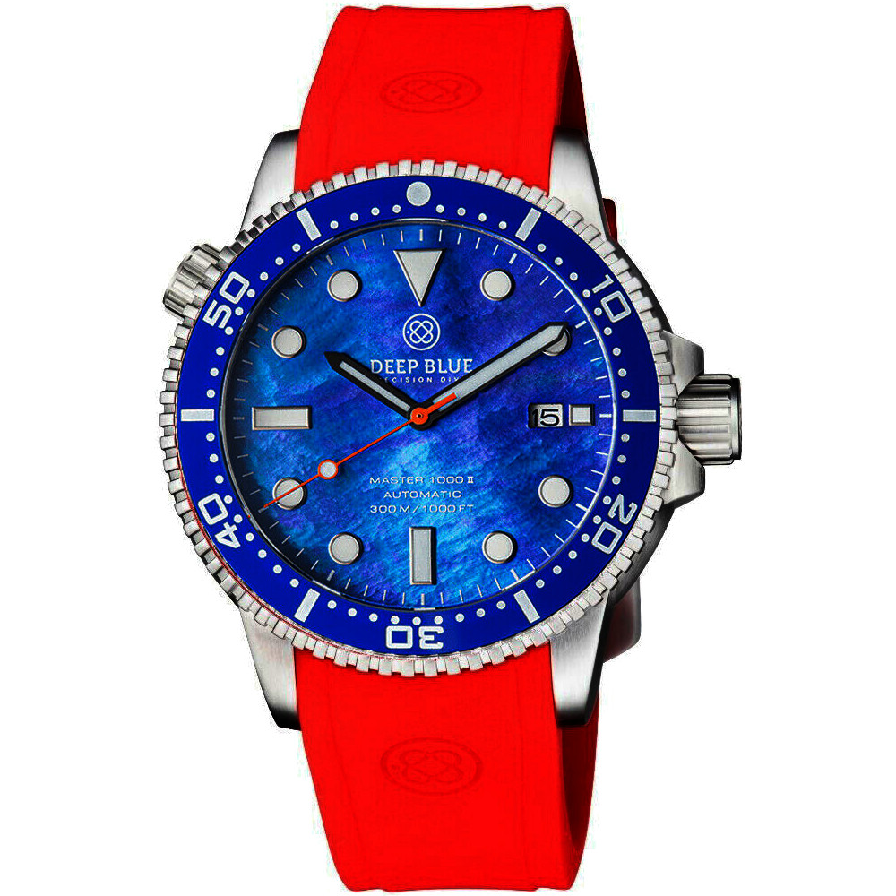 Deep Blue Master 1000 II 44mm Automatic Diver Watch Blue Ceramic Bezel/Blue Mother of Pearl Dial/Red Silicone Band