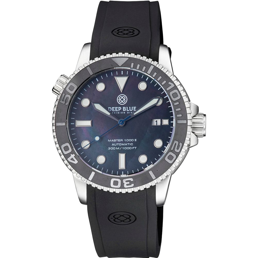 Deep Blue Master 1000 II 44mm Automatic Diver Watch Gray Ceramic Bezel/Black Mother of Pearl Dial/Black Silicone Strap