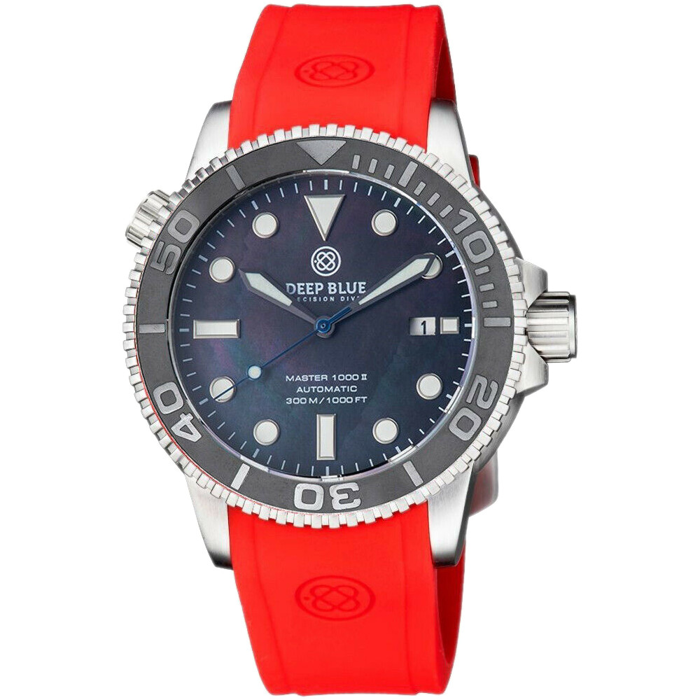 Deep Blue Master 1000 44mm Automatic Men's Diver Watch Black Mother of Pearl Red Silicone Strap
