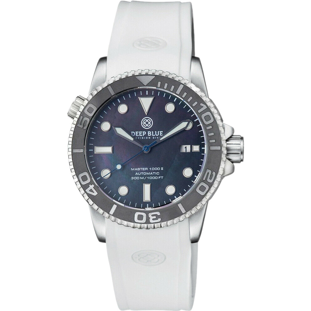 Deep Blue Master 1000 44mm Automatic Men Diver Watch Black Mother of Pearl White Silicone Strap