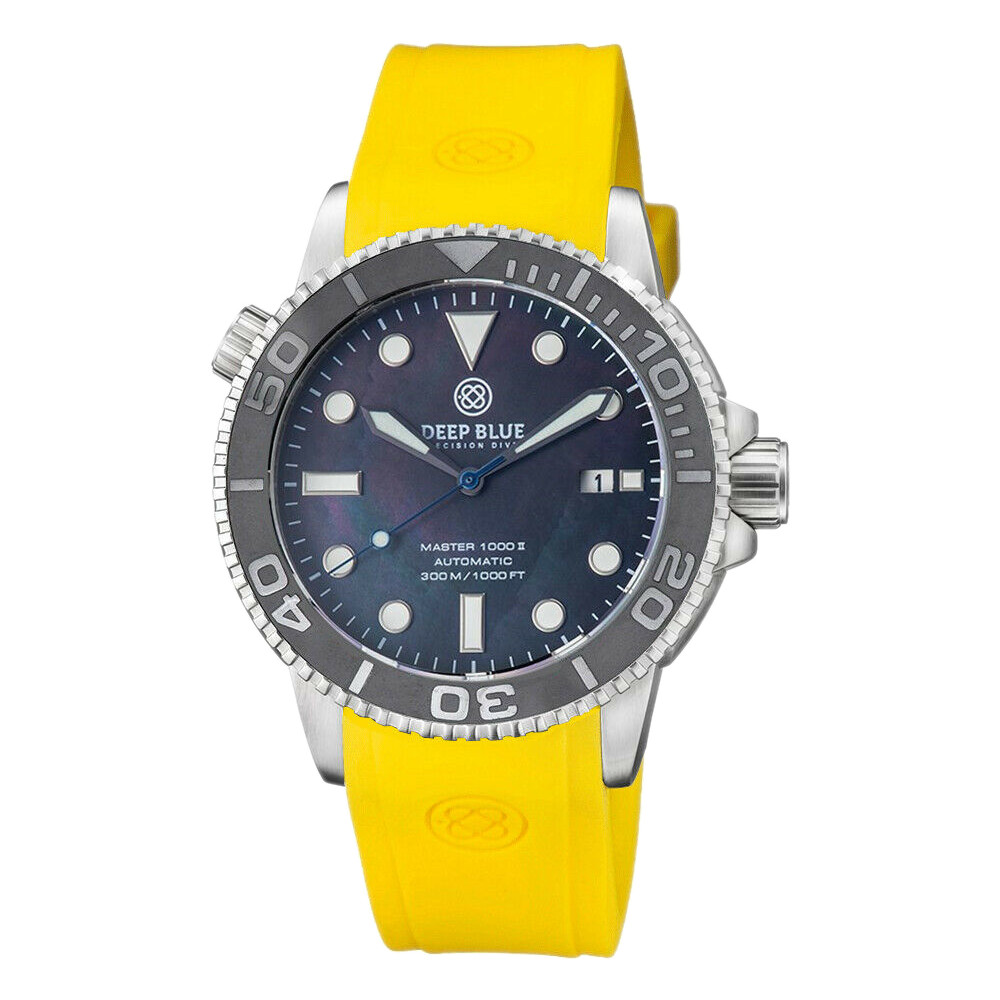 Deep Blue Master 1000 44 Automatic Men Diver Watch Black Mother of Pearl Yellow Silicone Strap