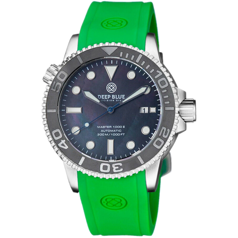 Deep Blue Master 1000 44mm Automatic Men Diver Watch Black Mother of Pearl Green Silicone Strap