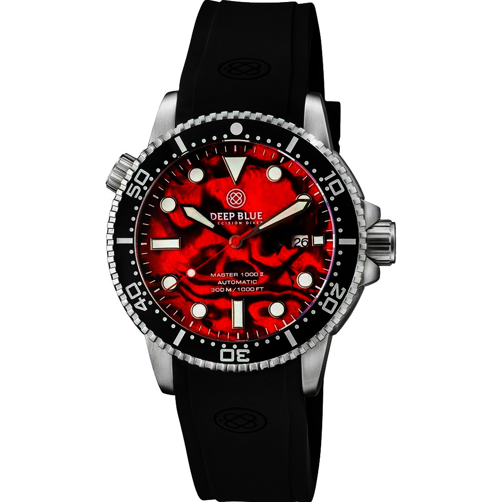 Deep Blue Master 1000 II 44mm Automatic Diver Watch Black Ceramic Bezel/Red Abalone Dial/Black Silicone Band